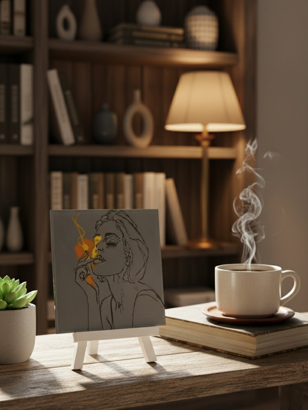 Abstract line art frame displayed on modern desk