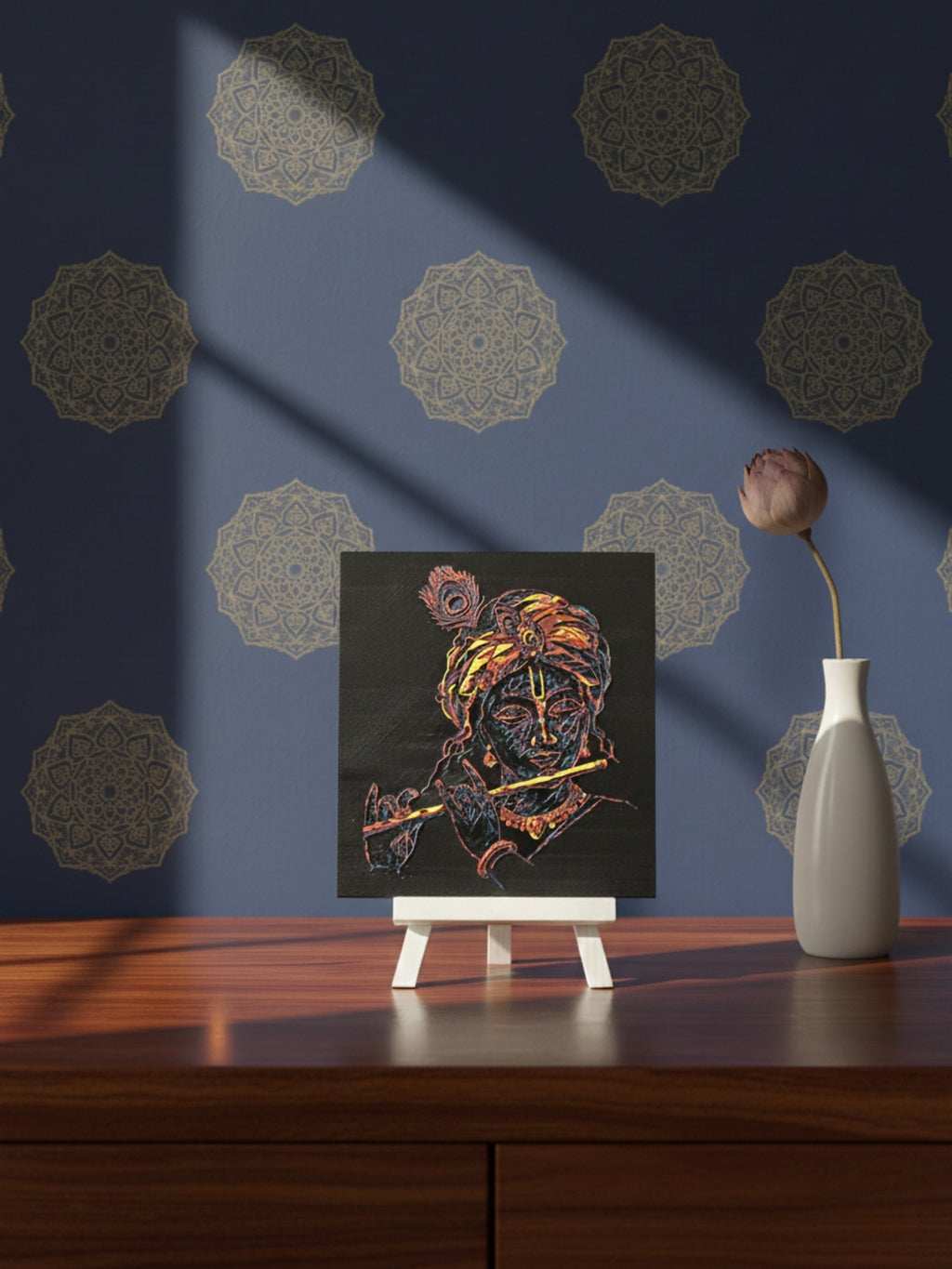 Divine decor frame with sacred illustration for calm workspace ambiance