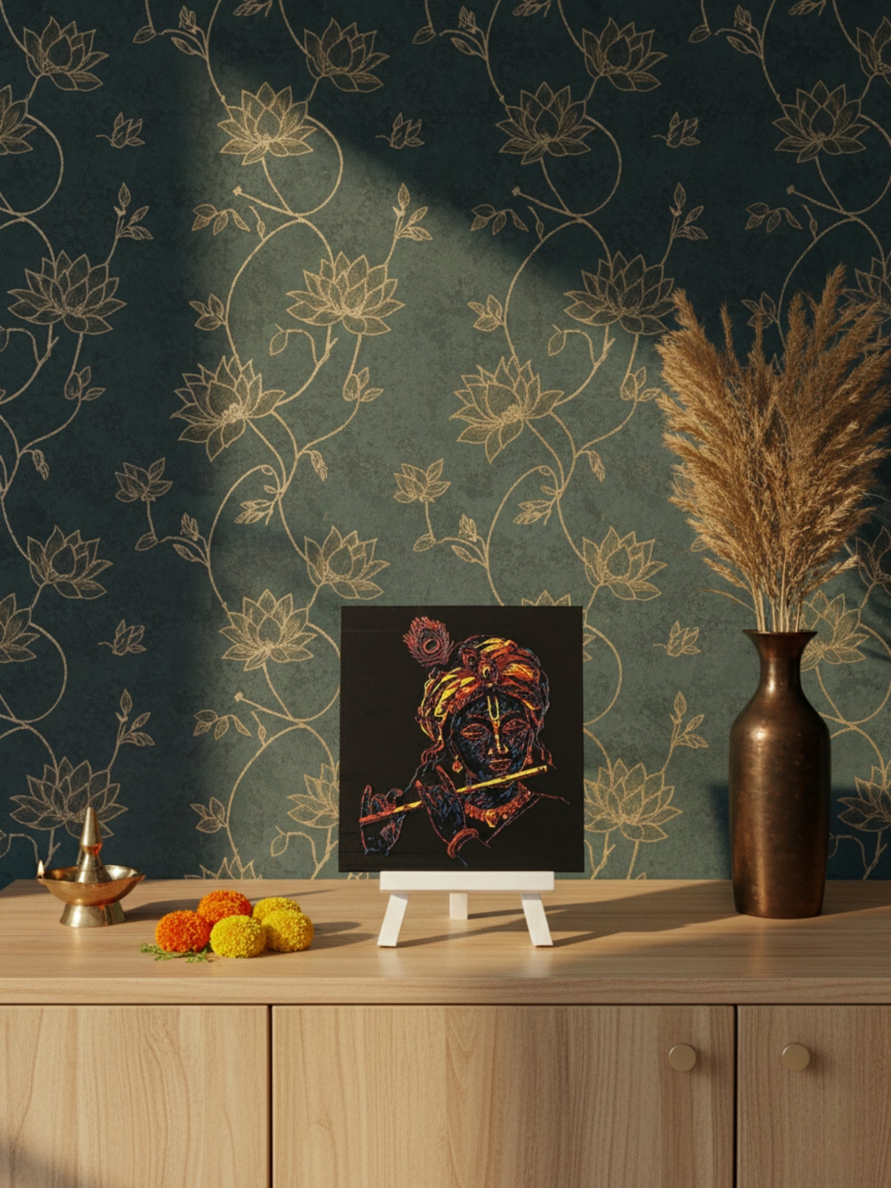 Sacred art desktop frame placed on modern wooden console