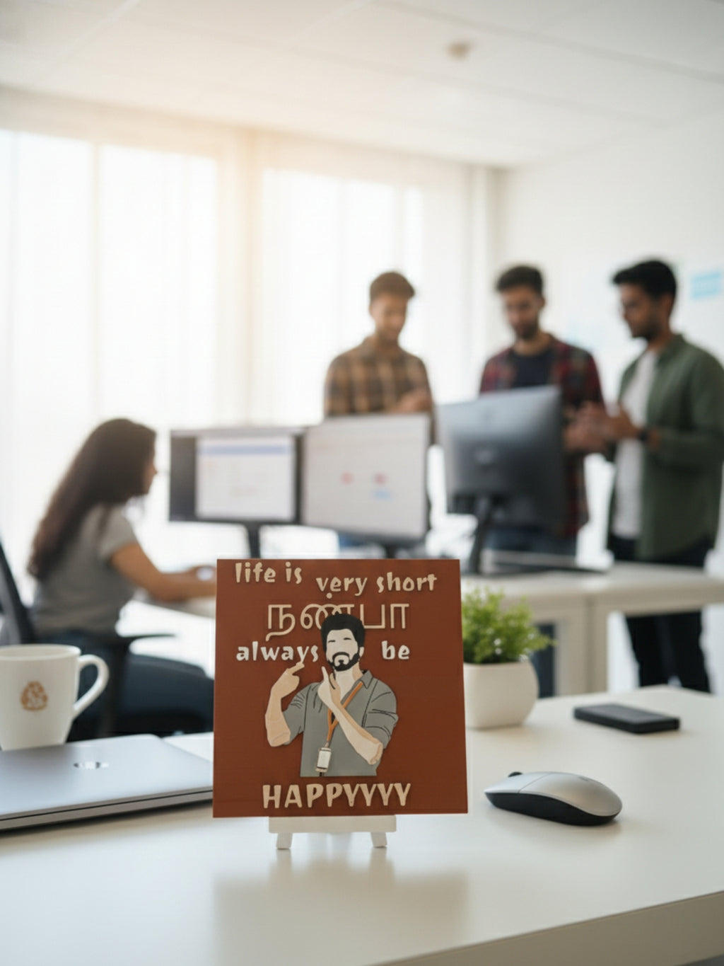 Desi positive quote desktop decor frame close-up