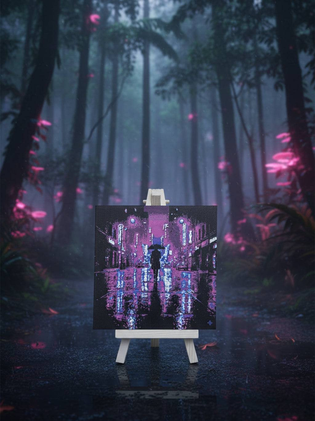 Neon rain city art desktop decor frame on stand