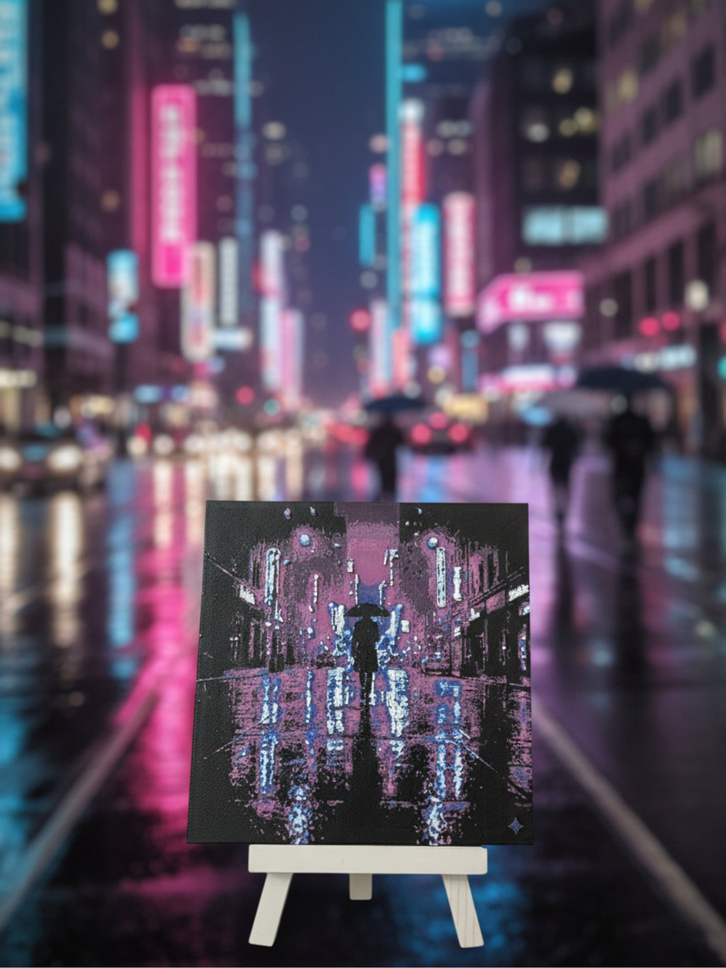 Neon city art frame displayed in dark workspace