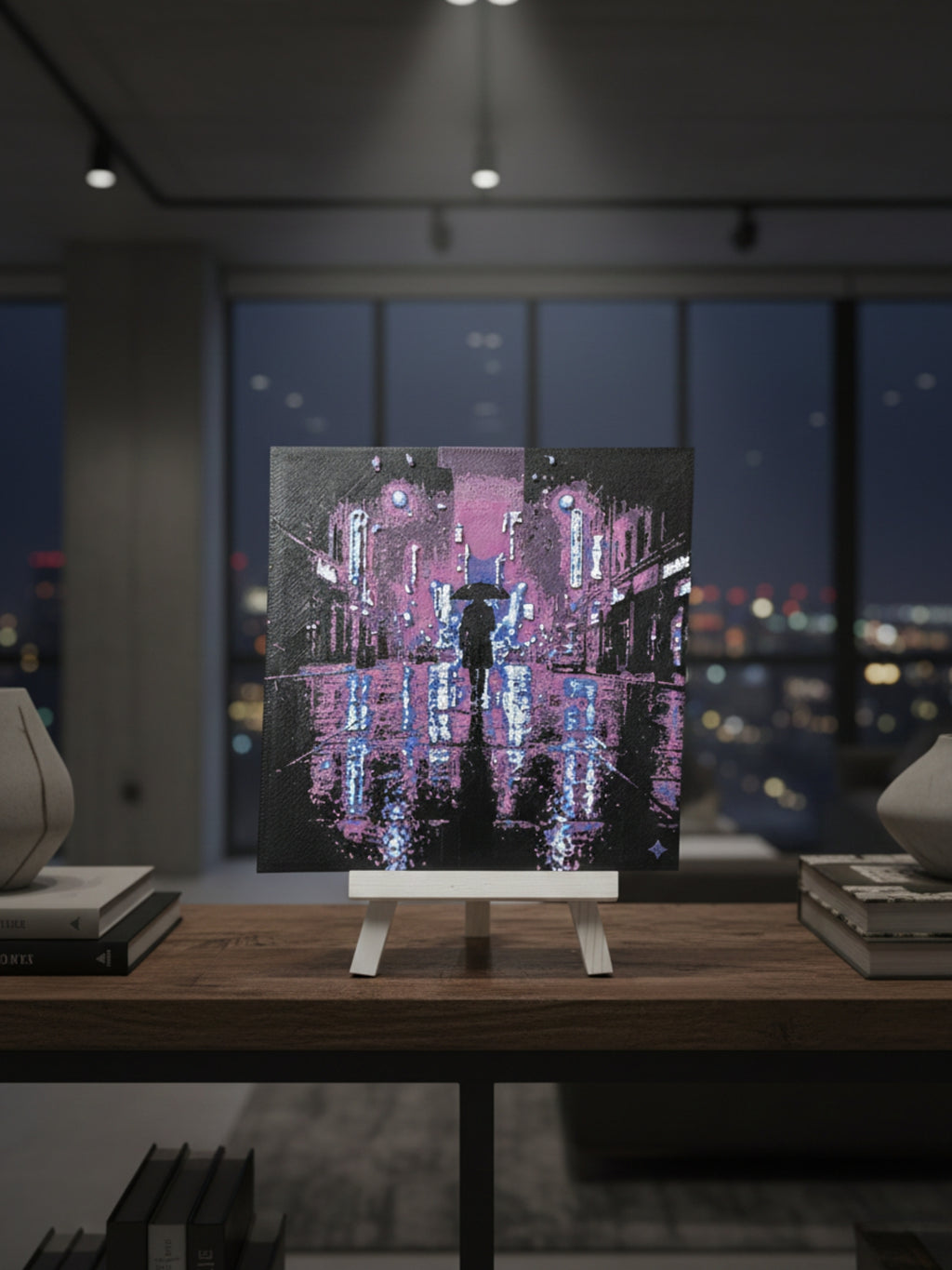 Neon Rain City Art Desktop Decor Frame