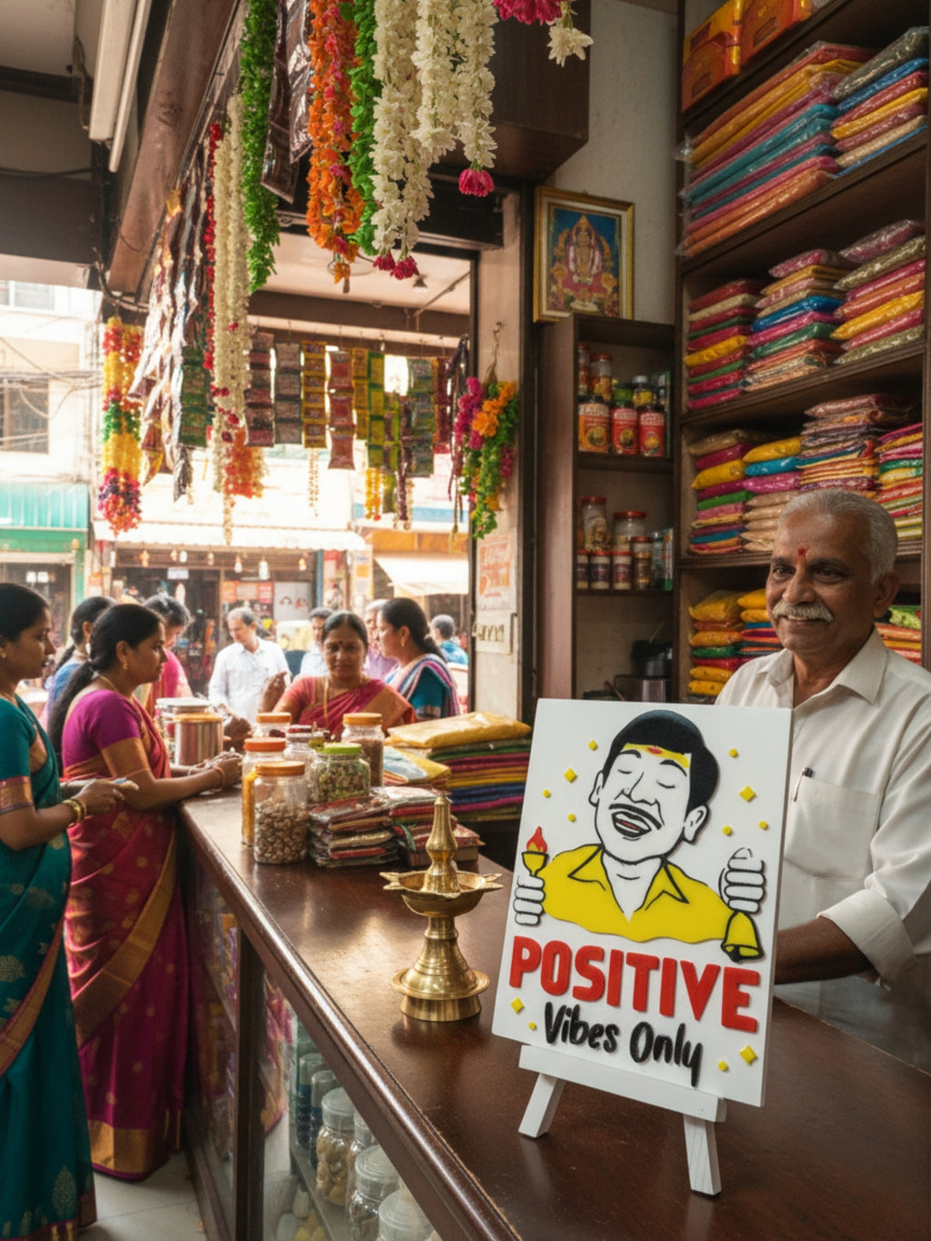 Positive vibes desk decor frame in home workspace