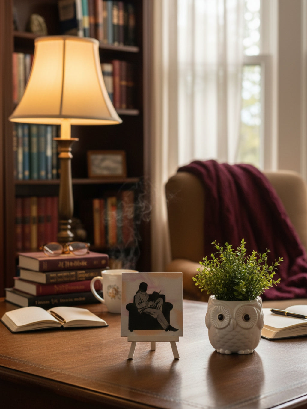 Art desktop decor frame featuring calm reading illustration