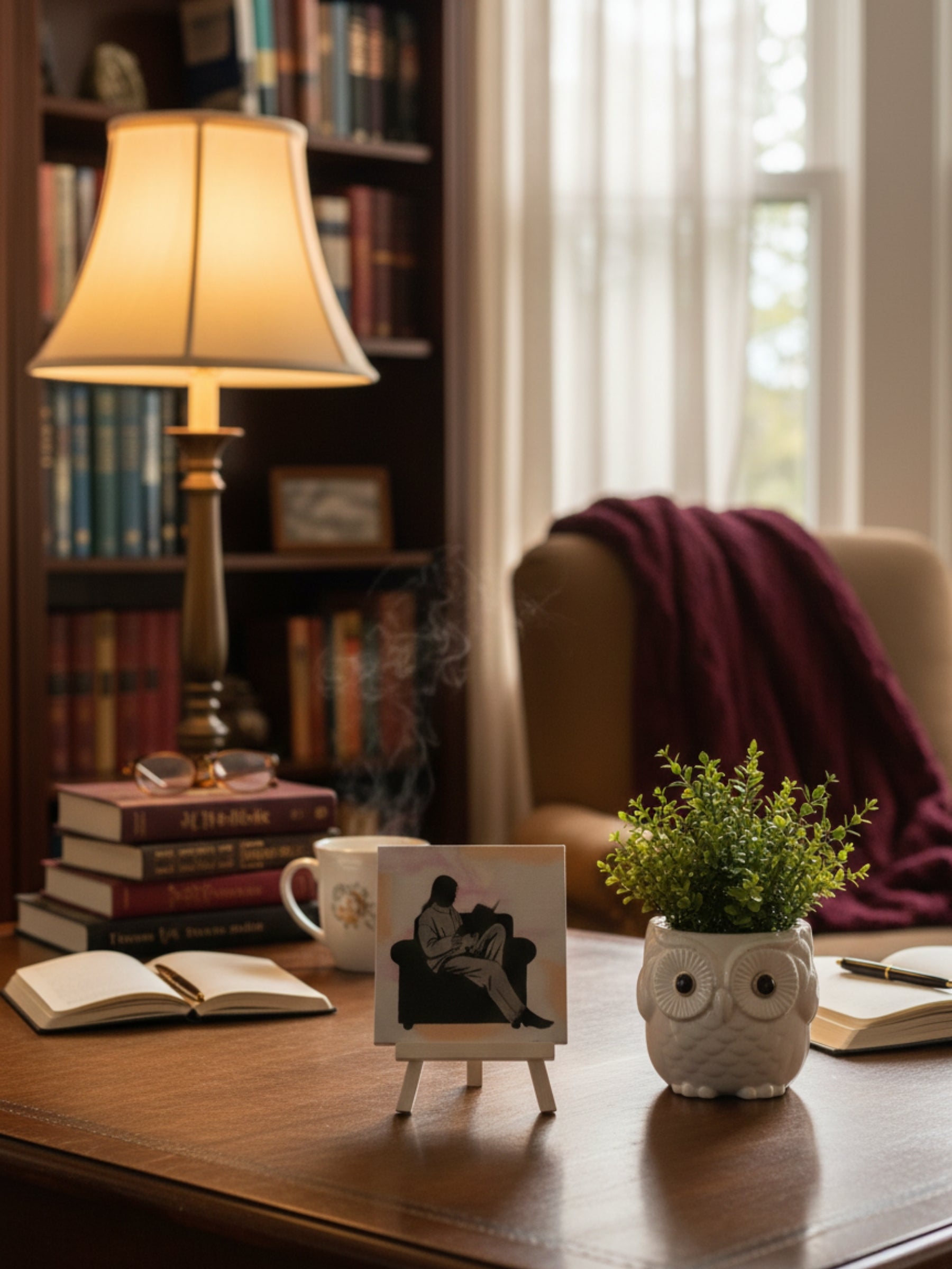 Art desktop decor frame featuring calm reading illustration