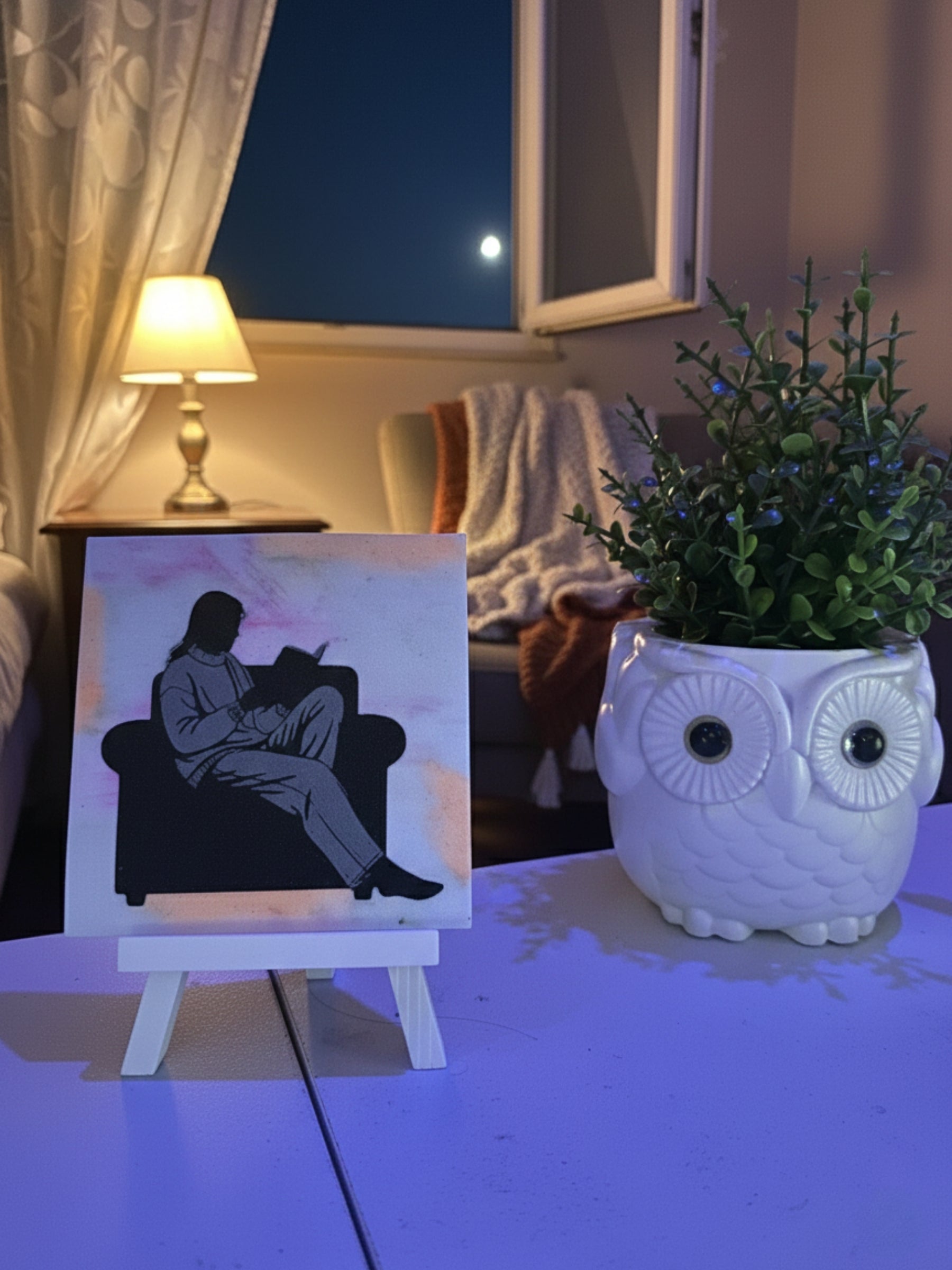 Quiet reading art frame displayed near window