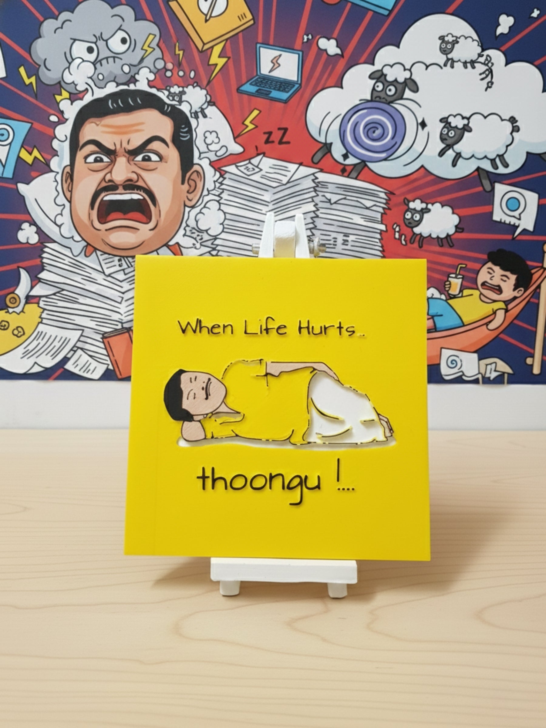 Relatable desi humor desk decor frame with yellow background