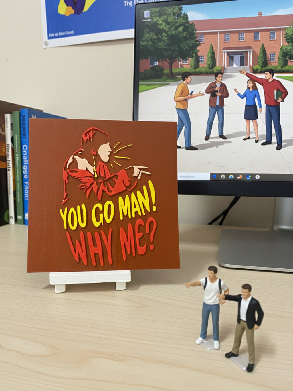 You Go Man Why Me desi humor desktop decor frame on office desk